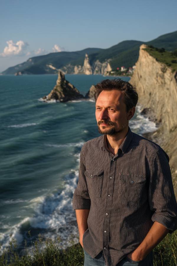 Сергей Волков — портрет автора статьи в кэжуал одежде на фоне моря и гор Сочи