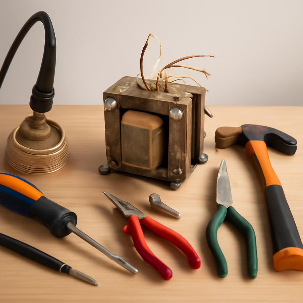 Рабочее место радиолюбителя с инструментами для разборки трансформатора