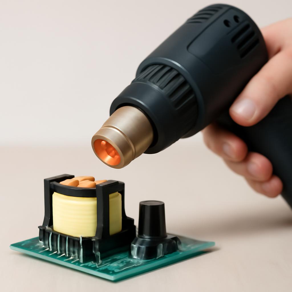 Процесс нагрева импульсного трансформатора термофеном для размягчения клея