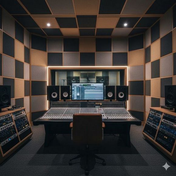 цветные акустические панели на стене студии звукозаписи