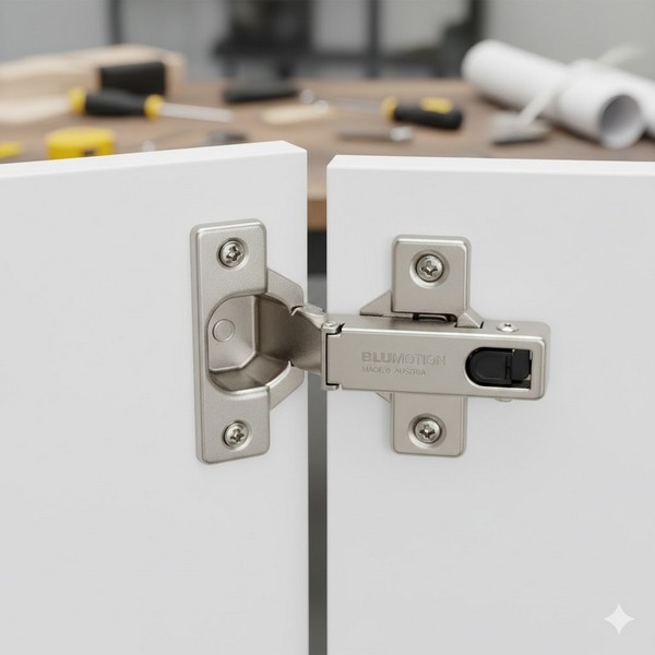 Макросъемка никелированной мебельной петли, демонстрирующая инженерную точность сборки