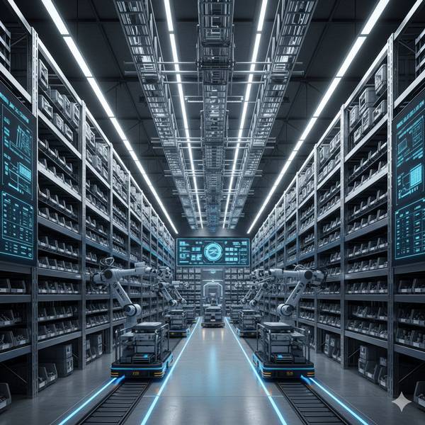 Современный автоматизированный склад мебельной фурнитуры с высотными стеллажами и идеальным порядком